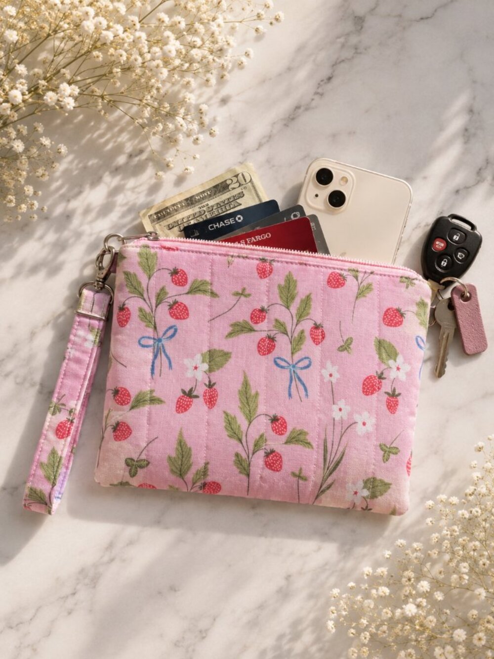 Strawberry Floral Zipper Pouch with Wristlet | Handmade Cotton Cosmetic Bag